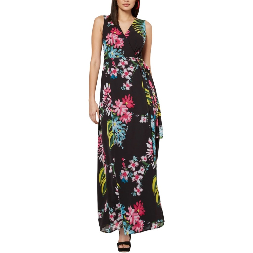 Eva Mendes NY&C Alonna Sleeveless Floral Maxi Wrap Dress Medium V Neck Occasion